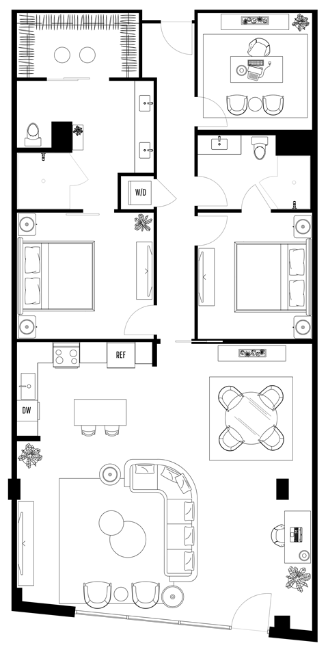 A floor plan of a house with a kitchen, living room, and bathrooms.